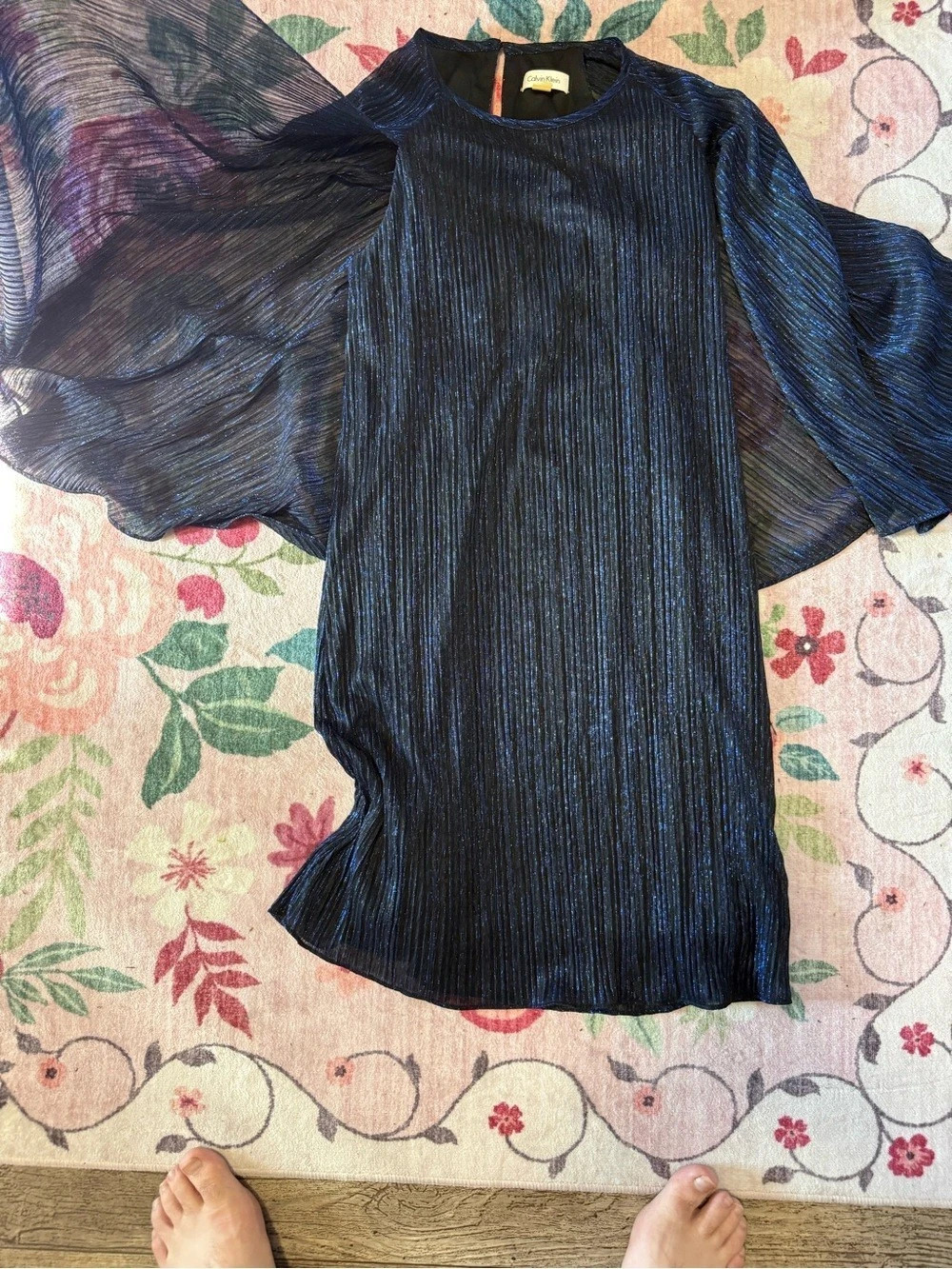 Calvin Klein Pleated Metallic Blouse in Blue & Black